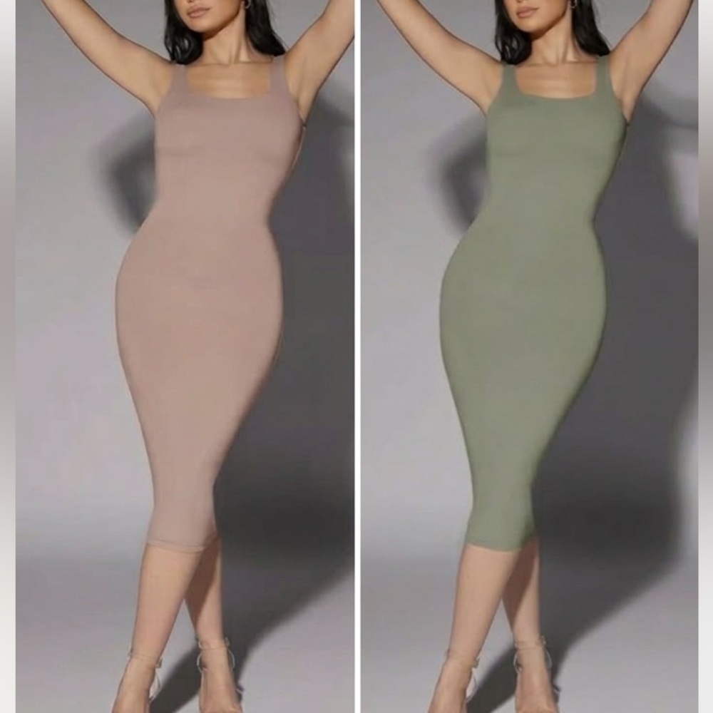 2 SHEIN Bae XS Dusty Pink Mauve Green Midi Dress Square Neck Low Back Tank Dress